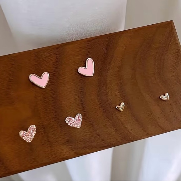 Gold and Pink Heart Stud Earrings Set of 3 - Picture 2 of 4